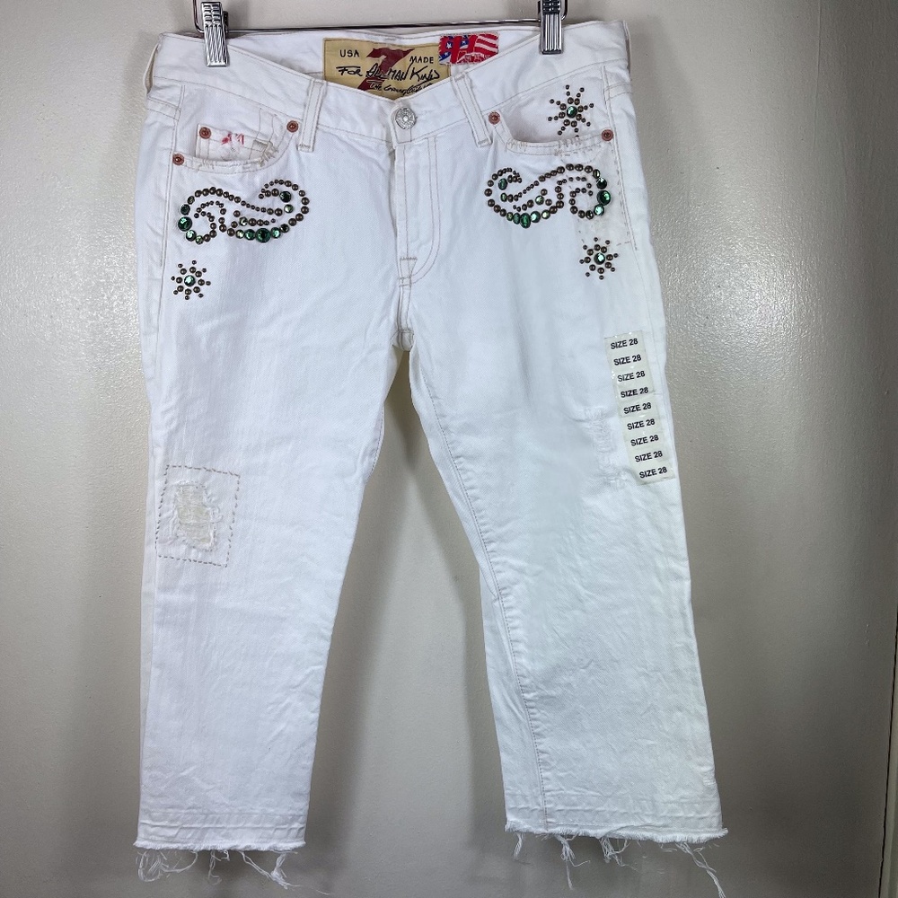 Vintage Y2K 7‎ For All Mankind Women Jeans Size 28 White Crop New Rhinestones